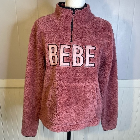 BEBE Womens 1/4 Zip Fleece Pullover Jacket Size small Pink Logo - Picture 2 of 10
